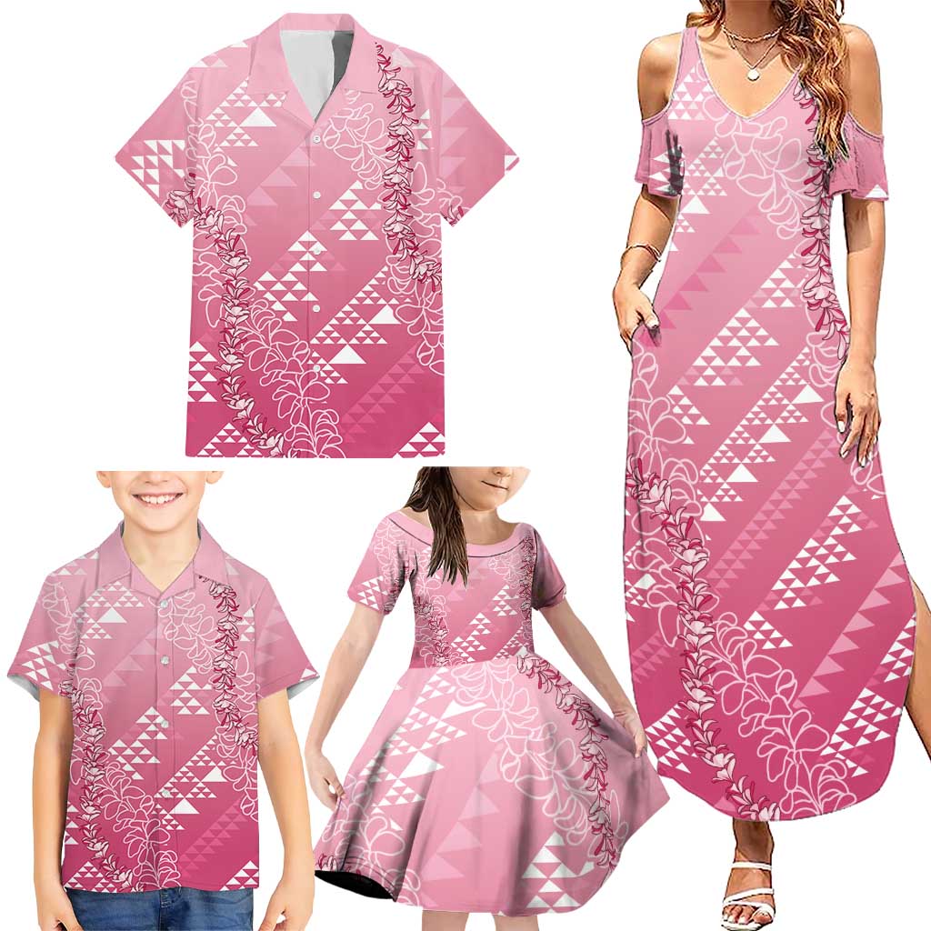Hawaii Rose Pink Kapa Family Matching Summer Maxi Dress and Hawaiian Shirt Vintage 'Ohe Kāpala Motifs Mix Plumeria Leis