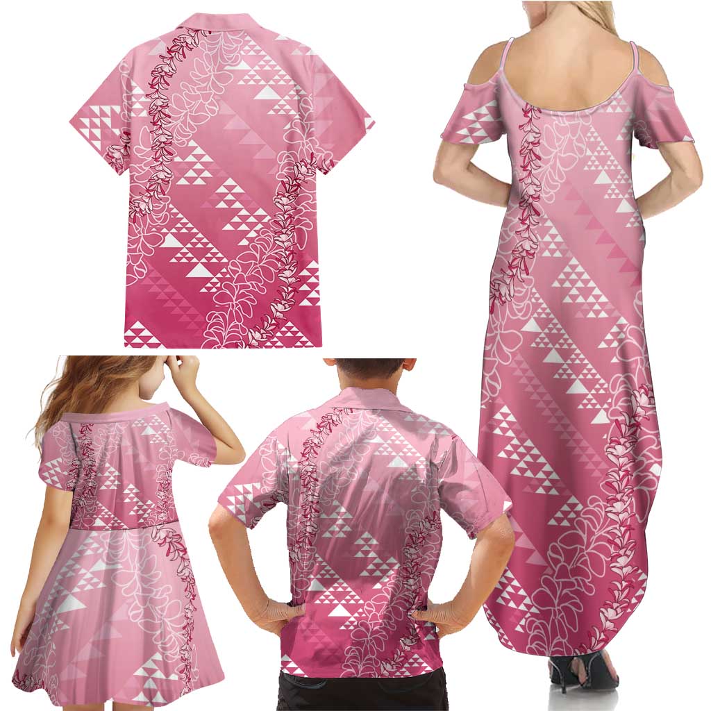 Hawaii Rose Pink Kapa Family Matching Summer Maxi Dress and Hawaiian Shirt Vintage 'Ohe Kāpala Motifs Mix Plumeria Leis LT7 - Polynesian Pride