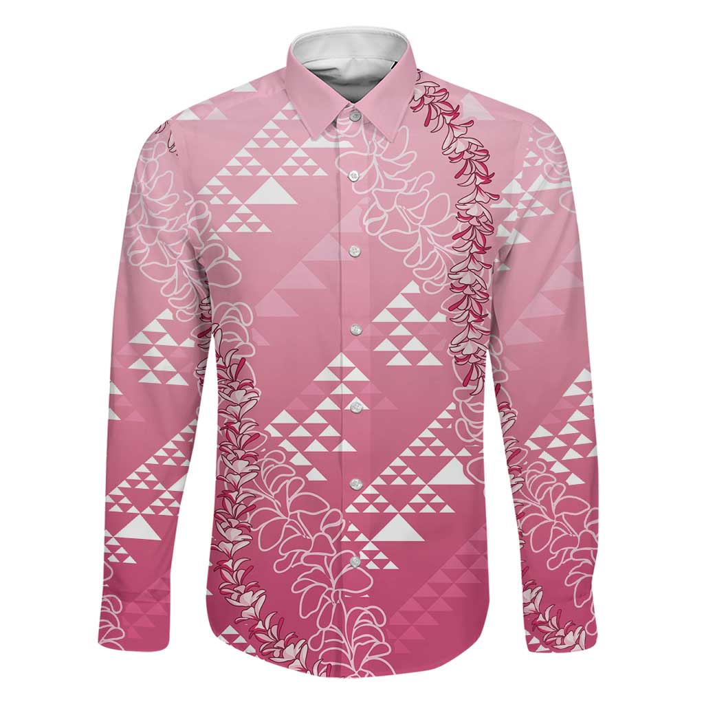 Hawaii Rose Pink Kapa Family Matching Tank Maxi Dress and Hawaiian Shirt Vintage 'Ohe Kāpala Motifs Mix Plumeria Leis LT7 Dad's Shirt - Long Sleeve Rose Pink - Polynesian Pride