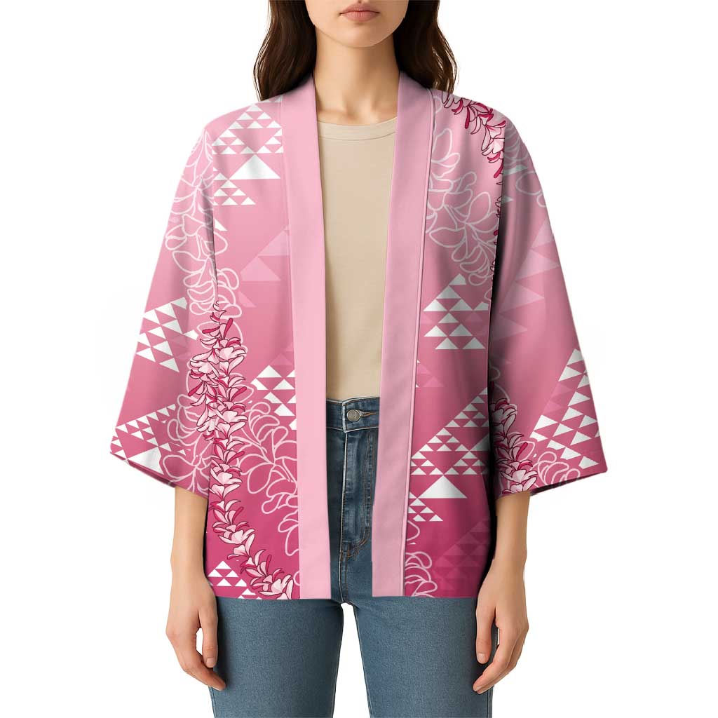 Hawaii Rose Pink Kapa Kimono Vintage 'Ohe Kāpala Motifs Mix Plumeria Leis