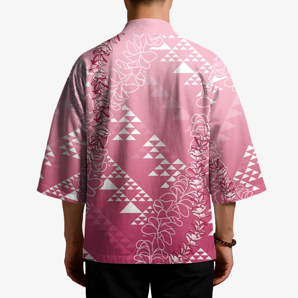 Hawaii Rose Pink Kapa Kimono Vintage 'Ohe Kāpala Motifs Mix Plumeria Leis
