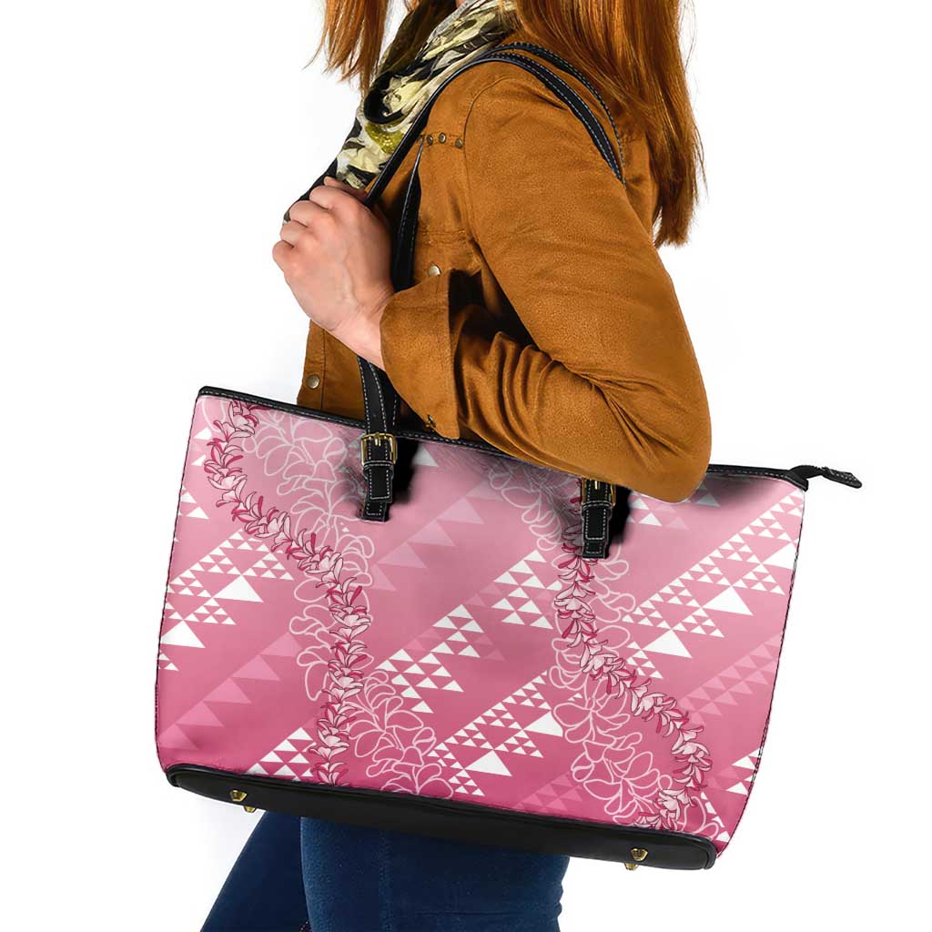 Hawaii Rose Pink Kapa Leather Tote Bag Vintage 'Ohe Kāpala Motifs Mix Plumeria Leis