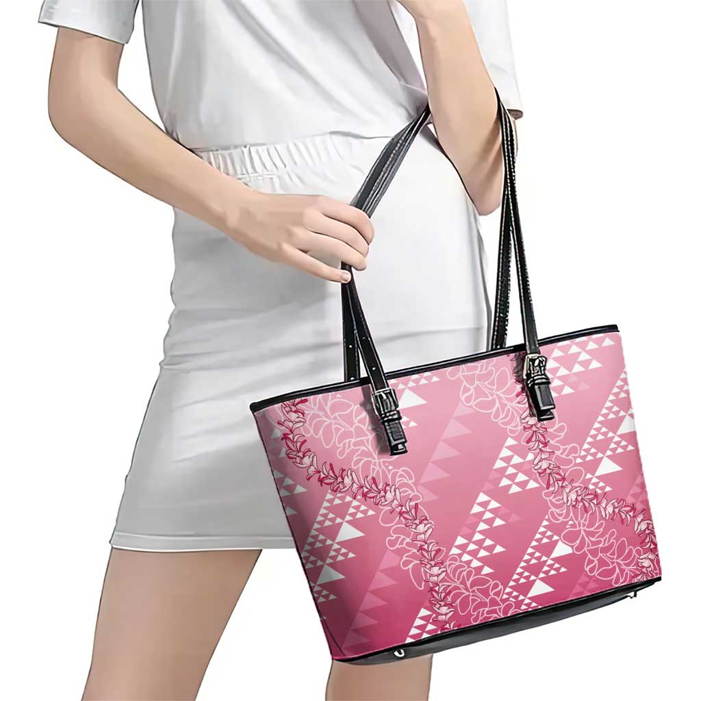 Hawaii Rose Pink Kapa Leather Tote Bag Vintage 'Ohe Kāpala Motifs Mix Plumeria Leis