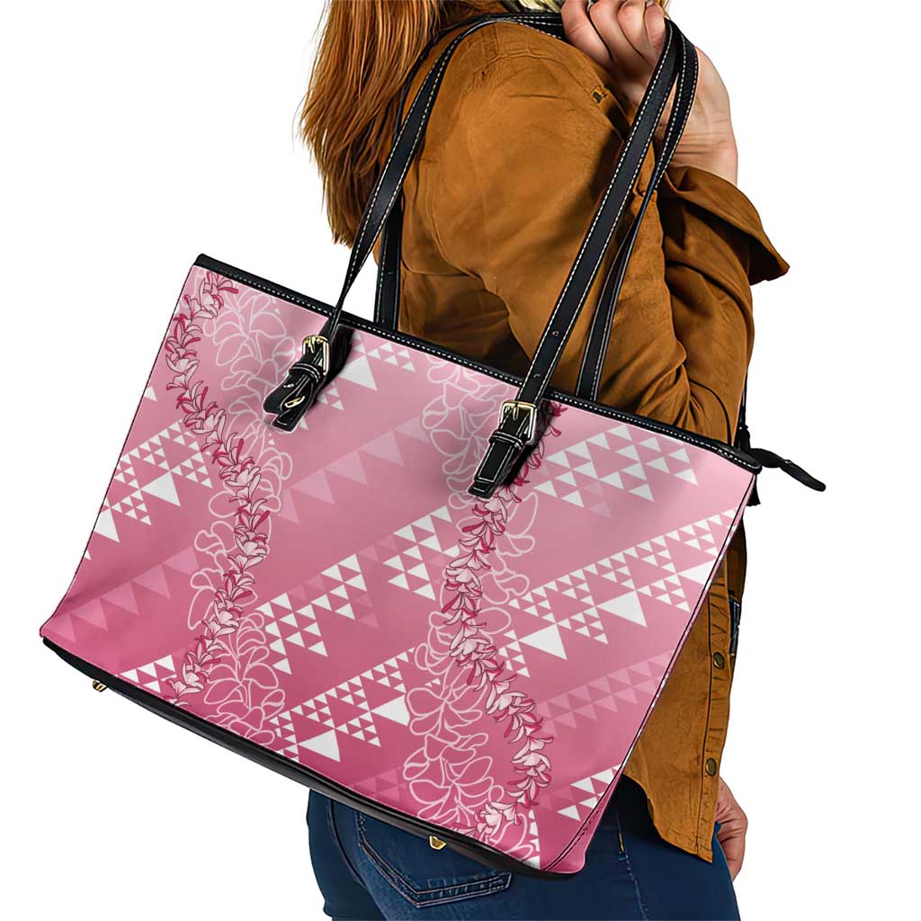 Hawaii Rose Pink Kapa Leather Tote Bag Vintage 'Ohe Kāpala Motifs Mix Plumeria Leis