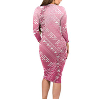 Hawaii Rose Pink Kapa Long Sleeve Bodycon Dress Vintage 'Ohe Kāpala Motifs Mix Plumeria Leis LT7 - Polynesian Pride