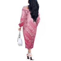 Hawaii Rose Pink Kapa Off The Shoulder Long Sleeve Dress Vintage 'Ohe Kāpala Motifs Mix Plumeria Leis LT7 - Polynesian Pride