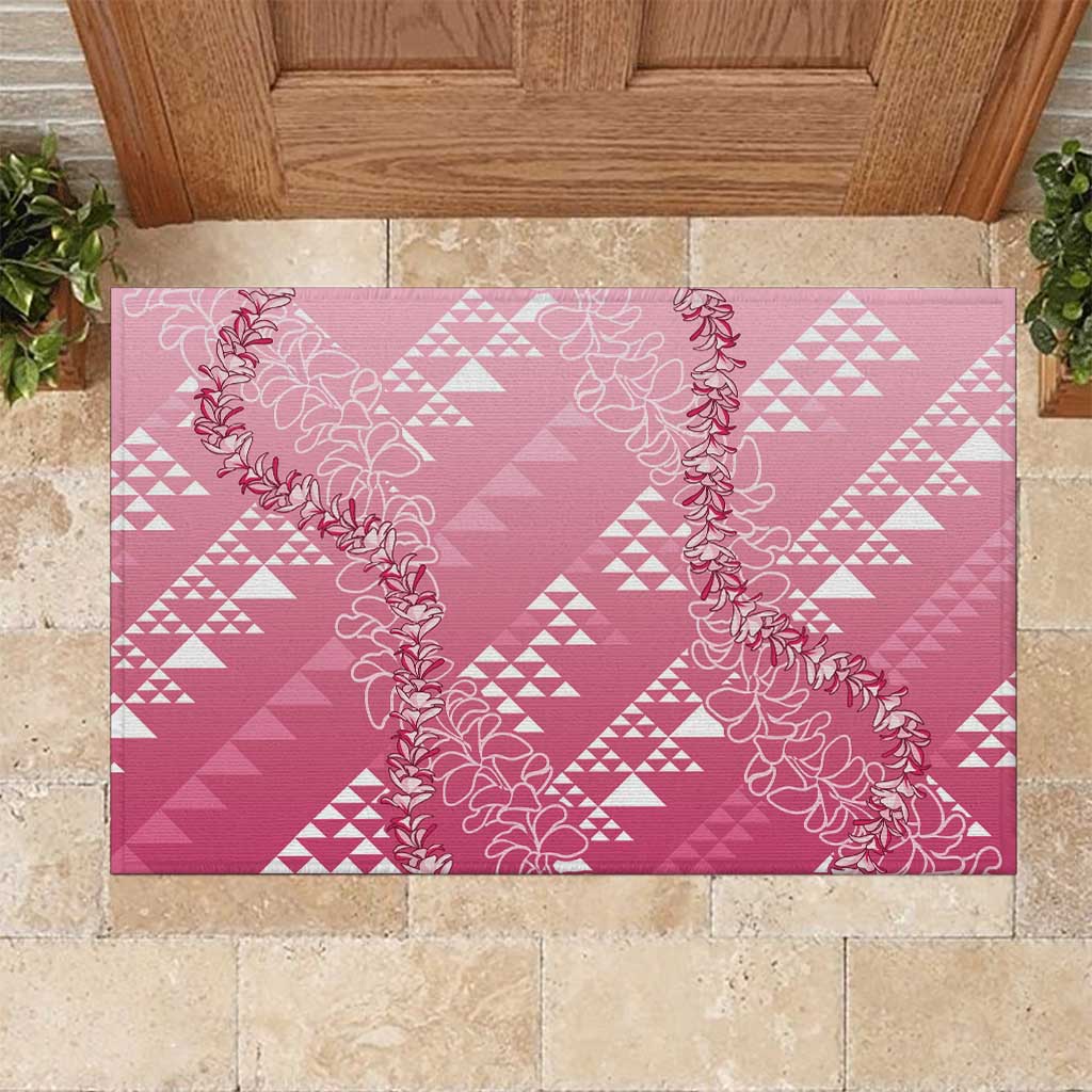 Hawaii Rose Pink Kapa Rubber Doormat Vintage 'Ohe Kāpala Motifs Mix Plumeria Leis