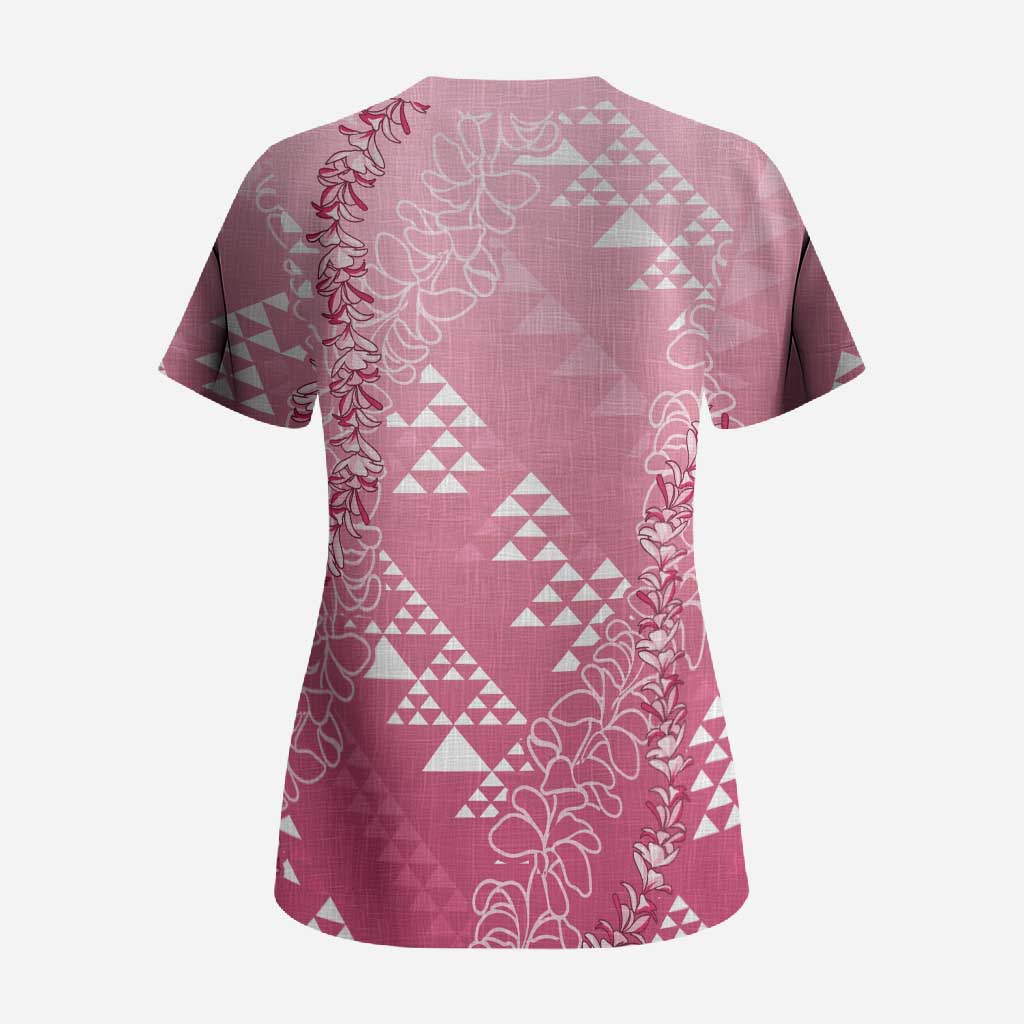 Hawaii Rose Pink Kapa Scrub Top Vintage 'Ohe Kāpala Motifs Mix Plumeria Leis