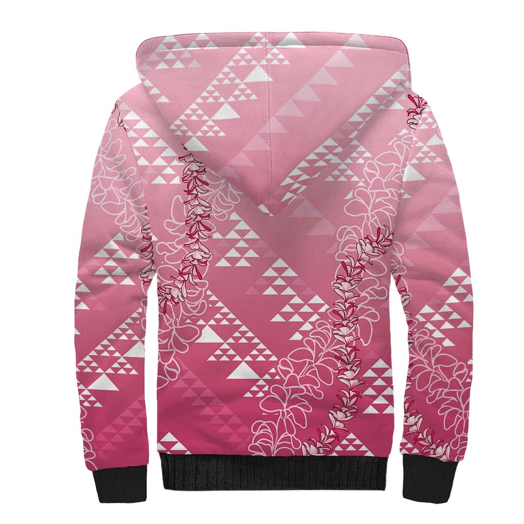 Hawaii Rose Pink Kapa Sherpa Hoodie Vintage 'Ohe Kāpala Motifs Mix Plumeria Leis LT7 - Polynesian Pride