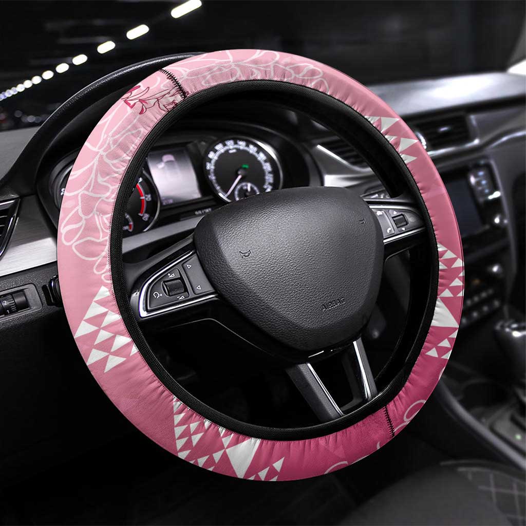 Hawaii Rose Pink Kapa Steering Wheel Cover Vintage 'Ohe Kāpala Motifs Mix Plumeria Leis