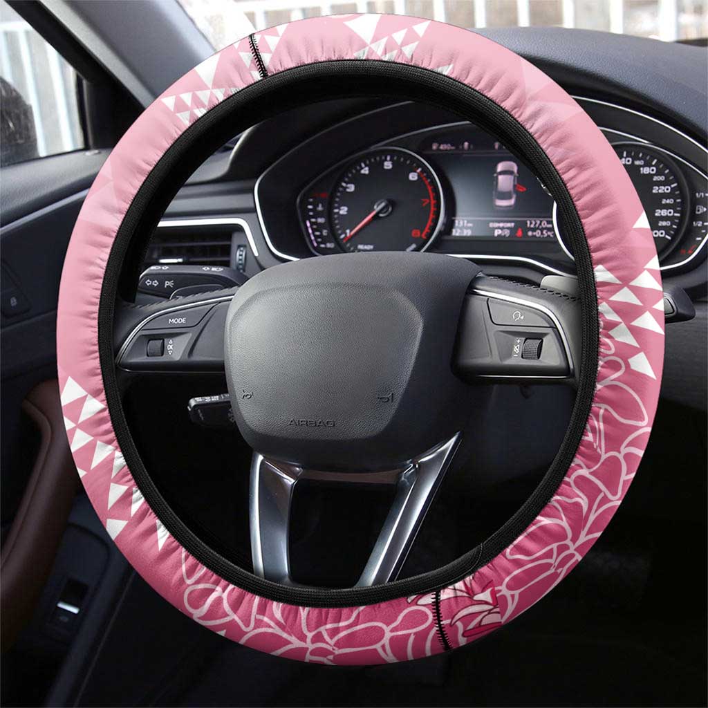 Hawaii Rose Pink Kapa Steering Wheel Cover Vintage 'Ohe Kāpala Motifs Mix Plumeria Leis