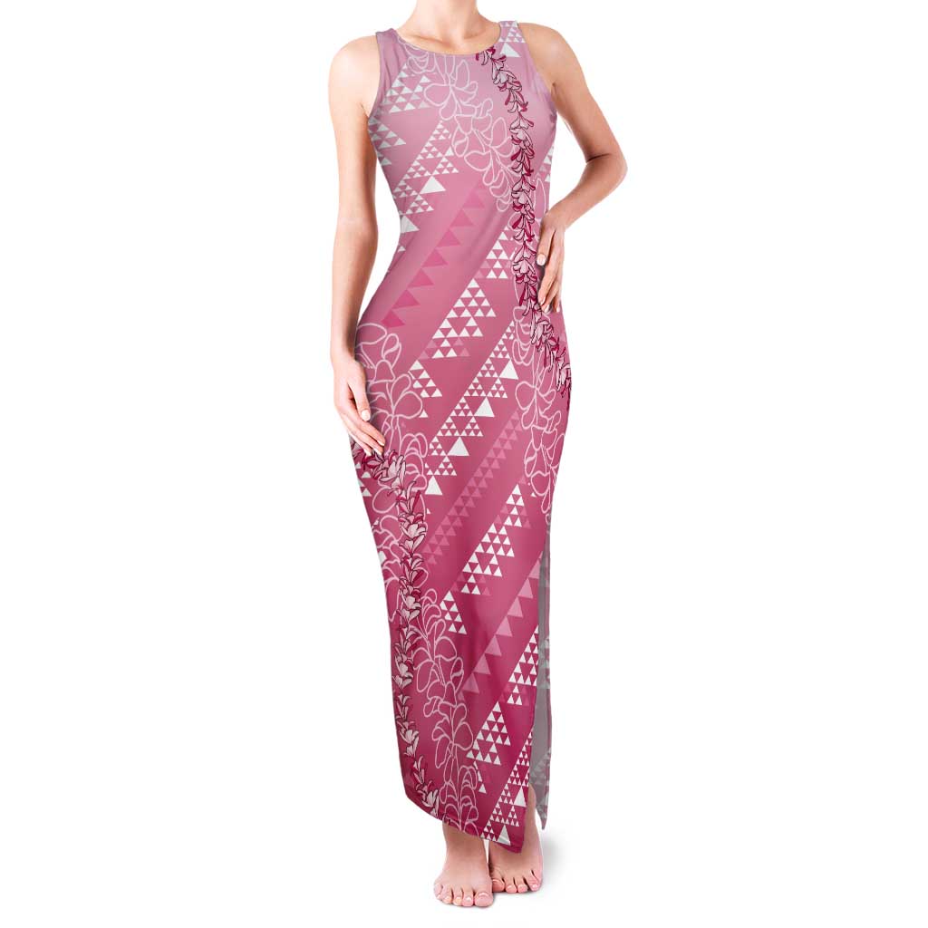 Hawaii Rose Pink Kapa Tank Maxi Dress Vintage 'Ohe Kāpala Motifs Mix Plumeria Leis LT7 Women Rose Pink - Polynesian Pride
