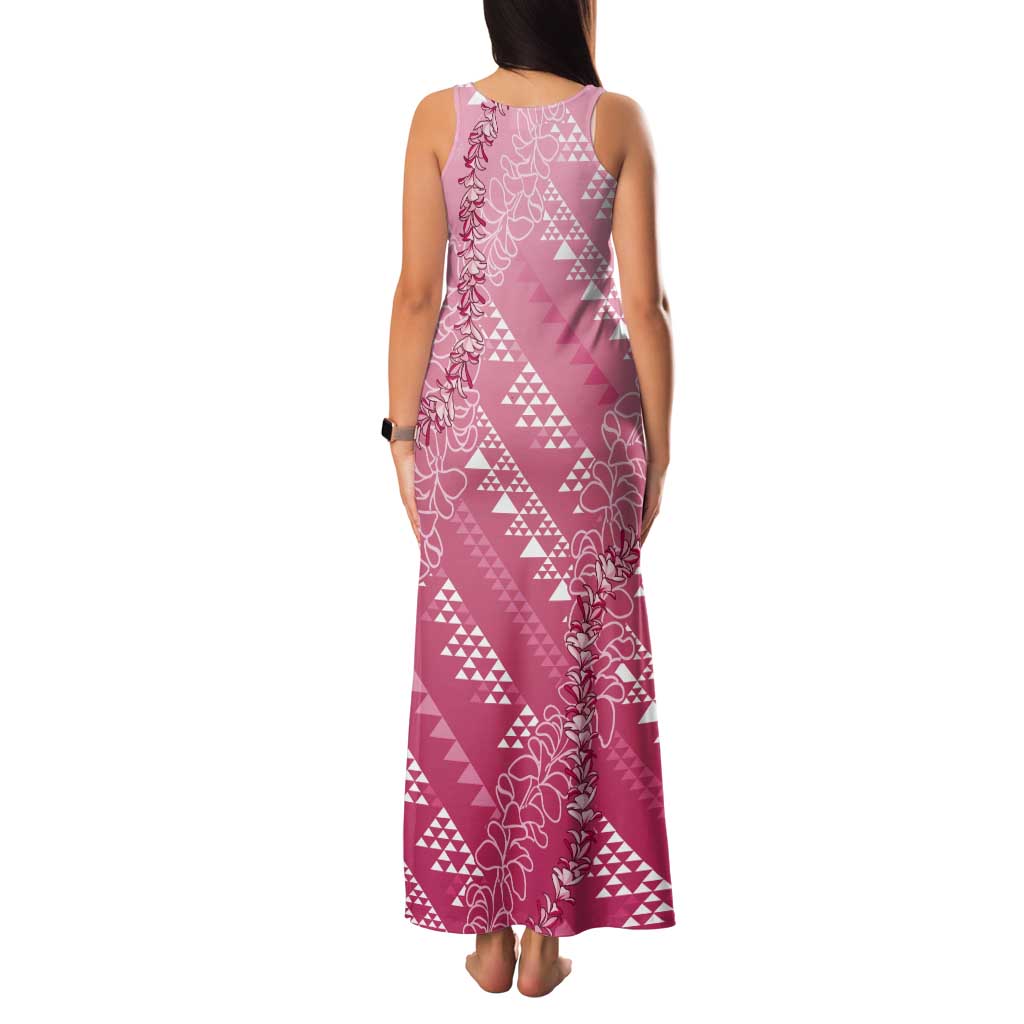 Hawaii Rose Pink Kapa Tank Maxi Dress Vintage 'Ohe Kāpala Motifs Mix Plumeria Leis LT7 - Polynesian Pride