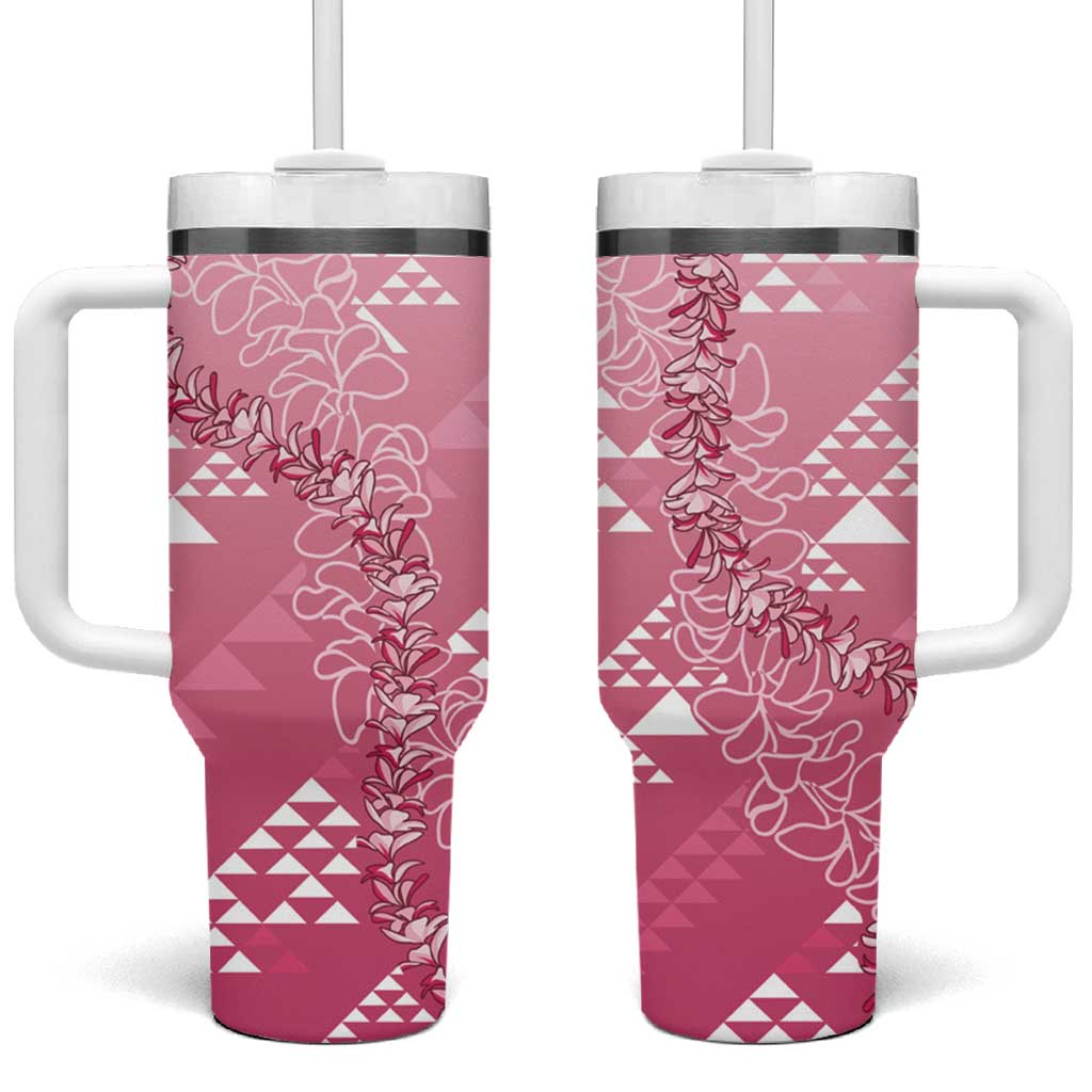 Hawaii Rose Pink Kapa Tumbler With Handle Vintage 'Ohe Kāpala Motifs Mix Plumeria Leis