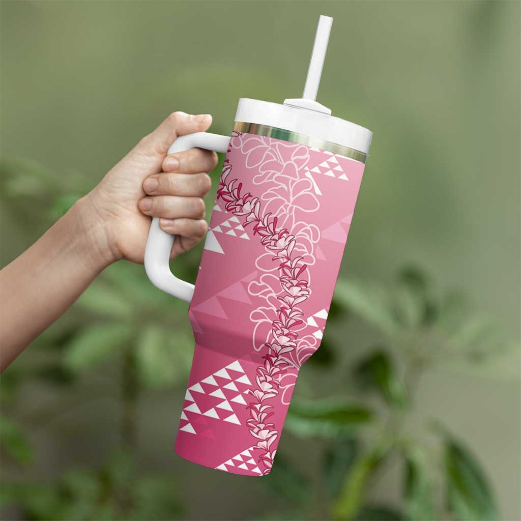 Hawaii Rose Pink Kapa Tumbler With Handle Vintage 'Ohe Kāpala Motifs Mix Plumeria Leis