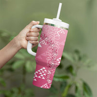 Hawaii Rose Pink Kapa Tumbler With Handle Vintage 'Ohe Kāpala Motifs Mix Plumeria Leis
