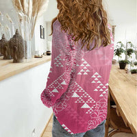 Hawaii Rose Pink Kapa Women Casual Shirt Vintage 'Ohe Kāpala Motifs Mix Plumeria Leis LT7 - Polynesian Pride