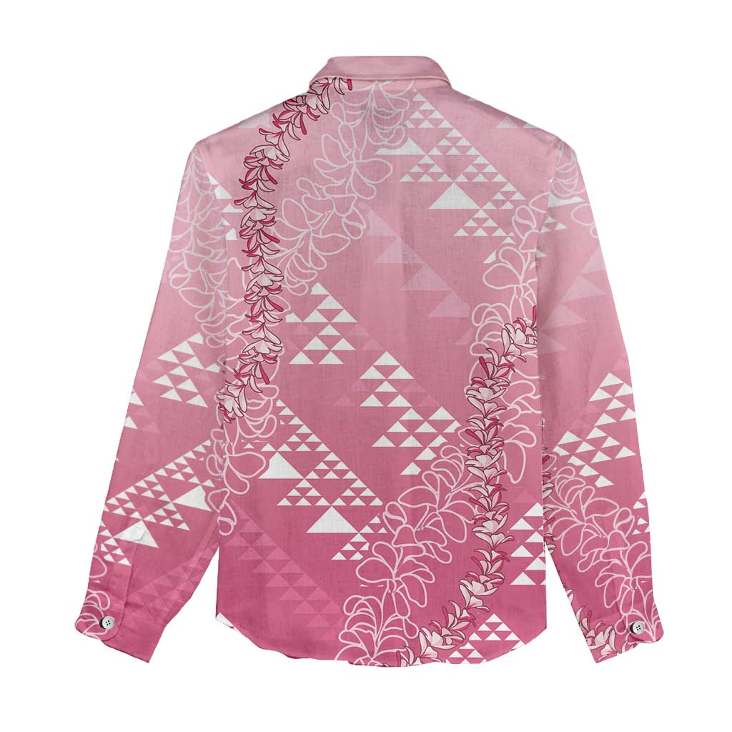 Hawaii Rose Pink Kapa Women Casual Shirt Vintage 'Ohe Kāpala Motifs Mix Plumeria Leis LT7 - Polynesian Pride