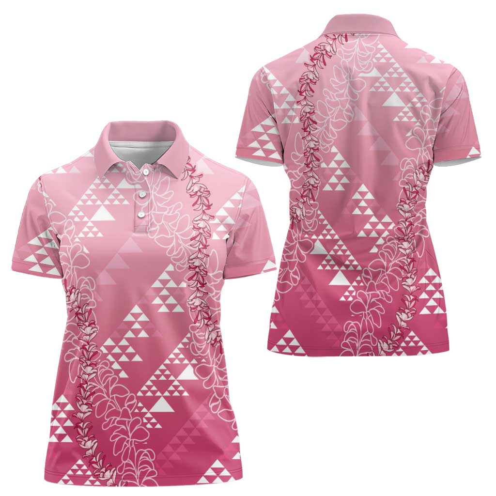 Hawaii Rose Pink Kapa Women Polo Shirt Vintage 'Ohe Kāpala Motifs Mix Plumeria Leis LT7 - Polynesian Pride