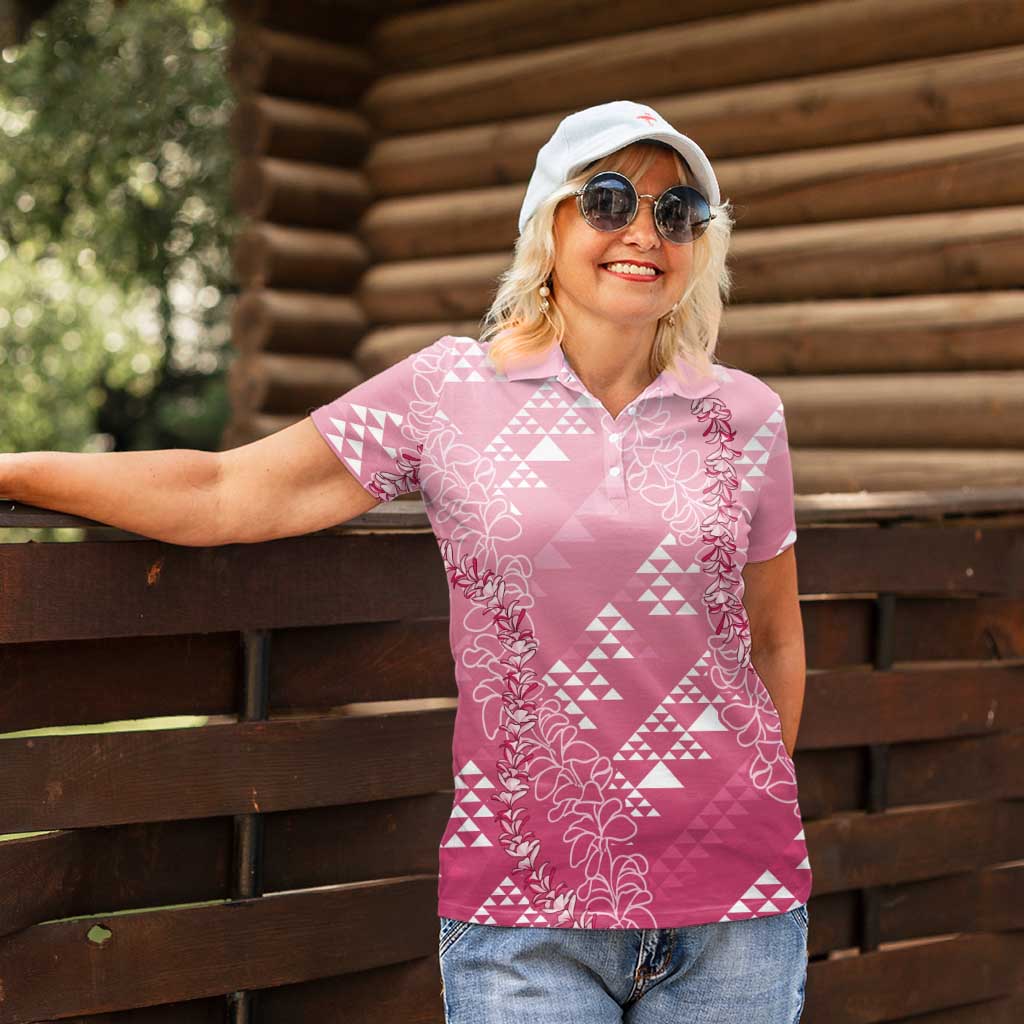 Hawaii Rose Pink Kapa Women Polo Shirt Vintage 'Ohe Kāpala Motifs Mix Plumeria Leis LT7 - Polynesian Pride