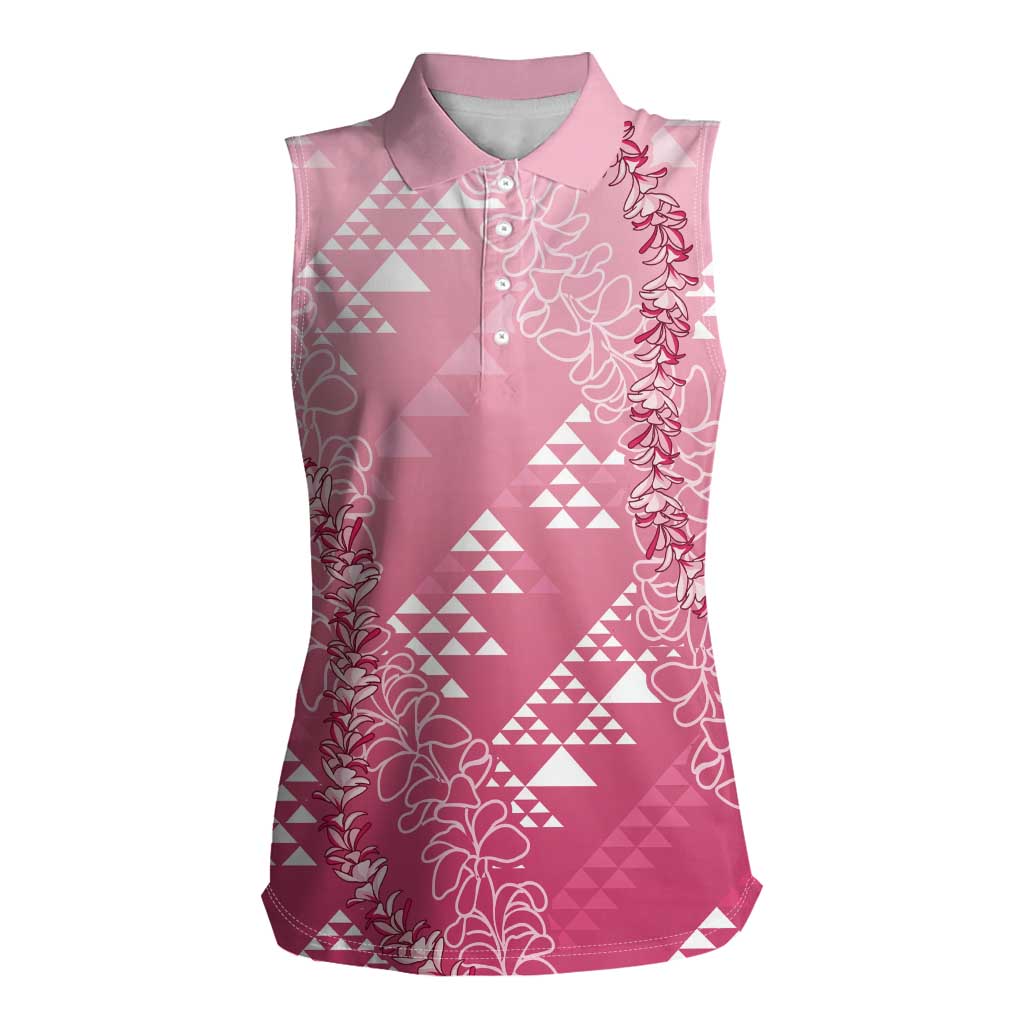 Hawaii Rose Pink Kapa Women Sleeveless Polo Shirt Vintage 'Ohe Kāpala Motifs Mix Plumeria Leis LT7 Female Rose Pink - Polynesian Pride