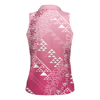 Hawaii Rose Pink Kapa Women Sleeveless Polo Shirt Vintage 'Ohe Kāpala Motifs Mix Plumeria Leis LT7 - Polynesian Pride