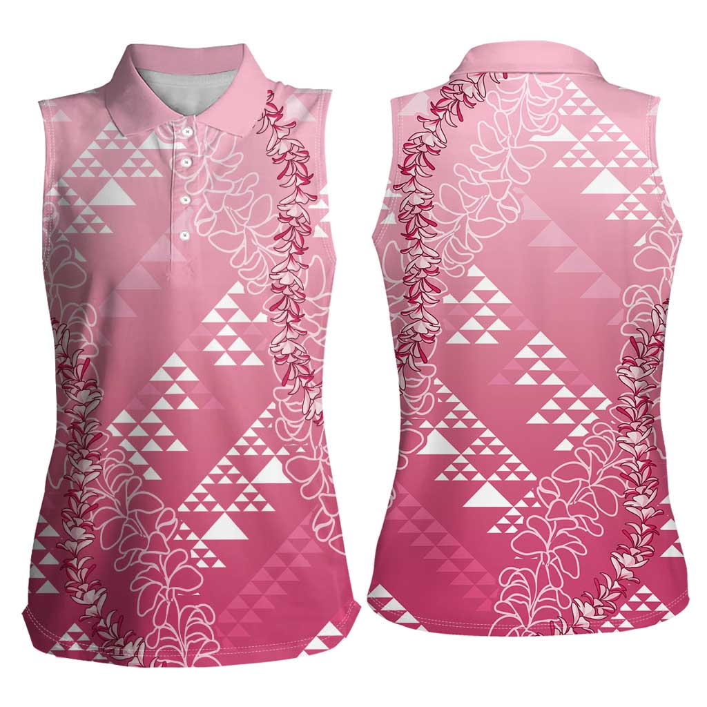 Hawaii Rose Pink Kapa Women Sleeveless Polo Shirt Vintage 'Ohe Kāpala Motifs Mix Plumeria Leis LT7 - Polynesian Pride