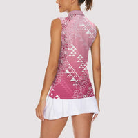 Hawaii Rose Pink Kapa Women Sleeveless Polo Shirt Vintage 'Ohe Kāpala Motifs Mix Plumeria Leis LT7 - Polynesian Pride