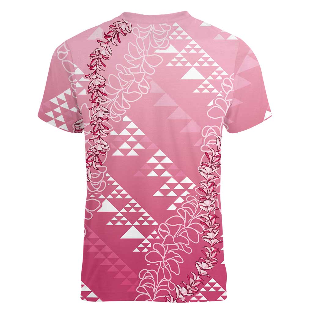 Hawaii Rose Pink Kapa Women V-Neck T-Shirt Vintage 'Ohe Kāpala Motifs Mix Plumeria Leis LT7 - Polynesian Pride