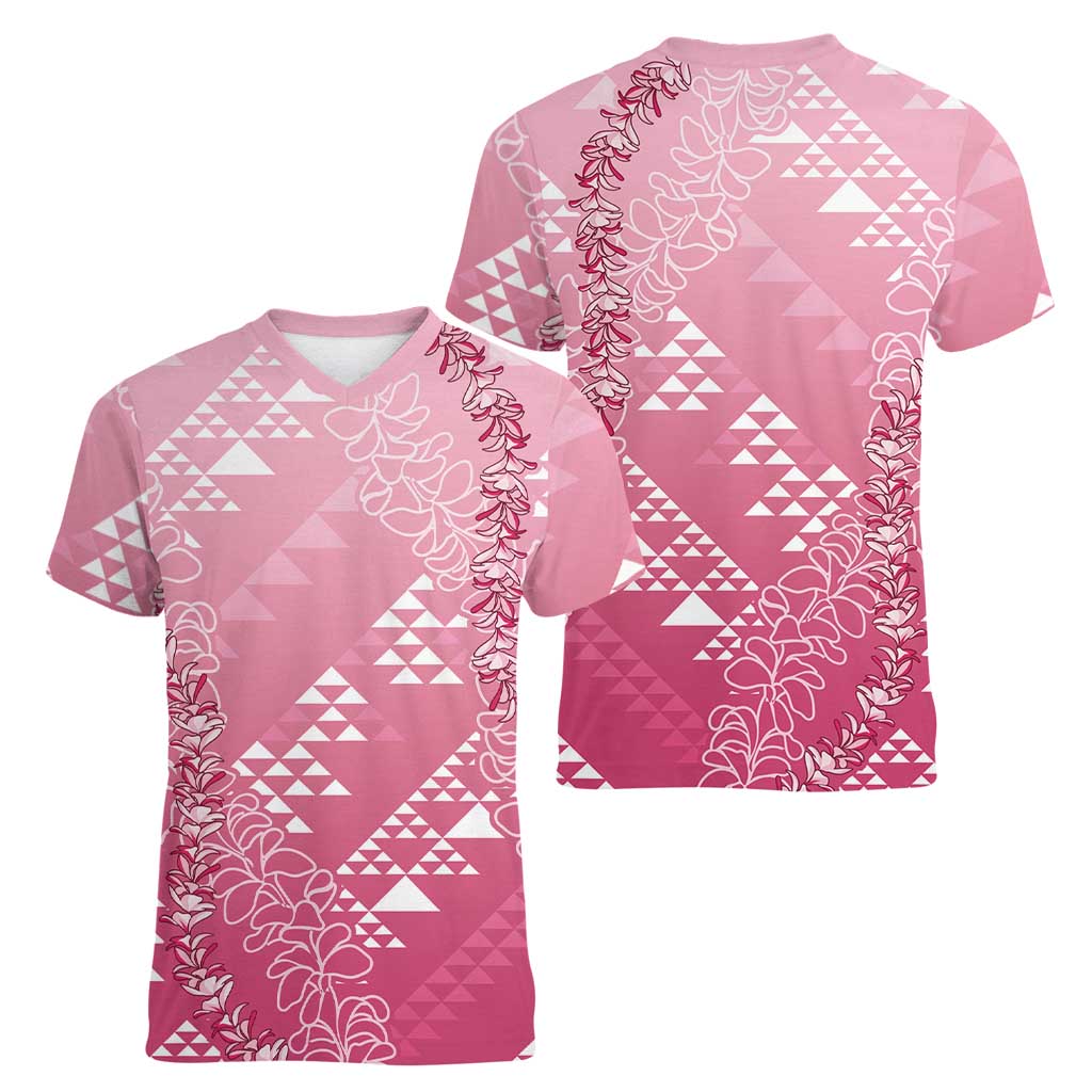 Hawaii Rose Pink Kapa Women V-Neck T-Shirt Vintage 'Ohe Kāpala Motifs Mix Plumeria Leis LT7 - Polynesian Pride
