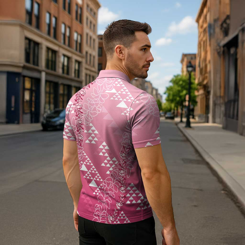 Hawaii Rose Pink Kapa Zipper Polo Shirt Vintage 'Ohe Kāpala Motifs Mix Plumeria Leis LT7 - Polynesian Pride