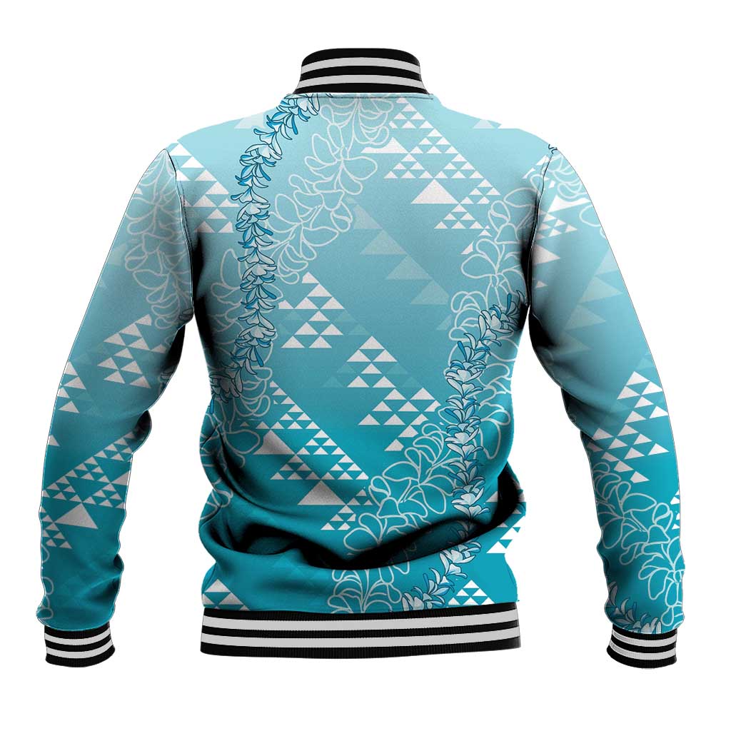 Hawaii Turquoise Kapa Baseball Jacket Vintage 'Ohe Kāpala Motifs Mix Plumeria Leis