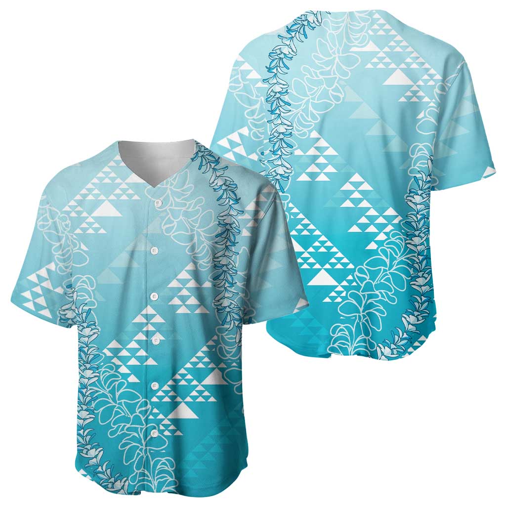Hawaii Turquoise Kapa Baseball Jersey Vintage 'Ohe Kāpala Motifs Mix Plumeria Leis