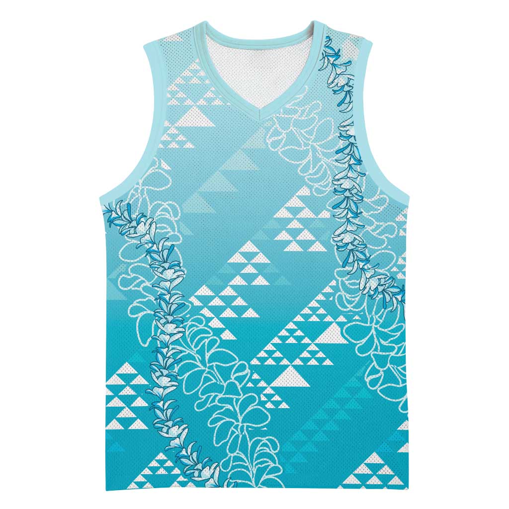 Hawaii Turquoise Kapa Basketball Jersey Vintage 'Ohe Kāpala Motifs Mix Plumeria Leis