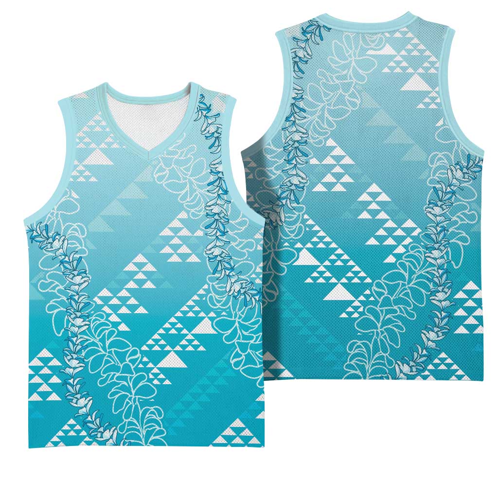 Hawaii Turquoise Kapa Basketball Jersey Vintage 'Ohe Kāpala Motifs Mix Plumeria Leis
