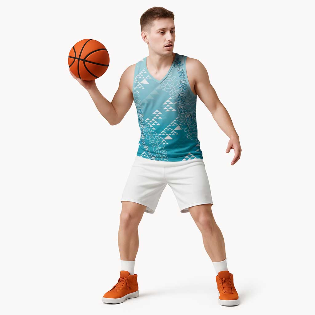 Hawaii Turquoise Kapa Basketball Jersey Vintage 'Ohe Kāpala Motifs Mix Plumeria Leis