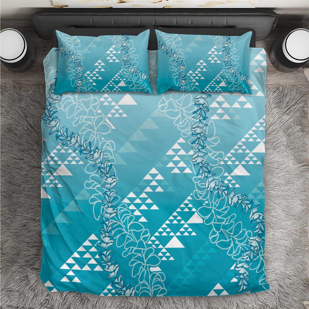 Hawaii Turquoise Kapa Bedding Set Vintage 'Ohe Kāpala Motifs Mix Plumeria Leis