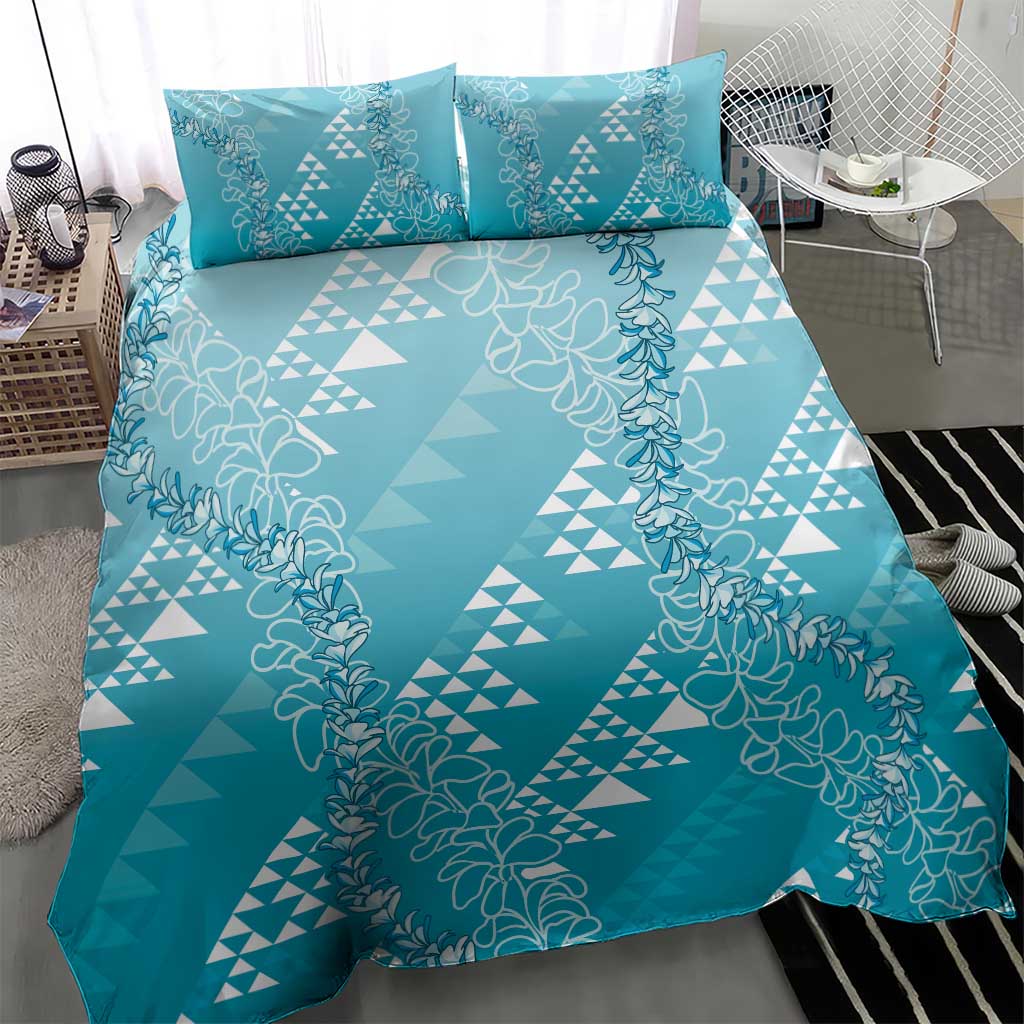 Hawaii Turquoise Kapa Bedding Set Vintage 'Ohe Kāpala Motifs Mix Plumeria Leis