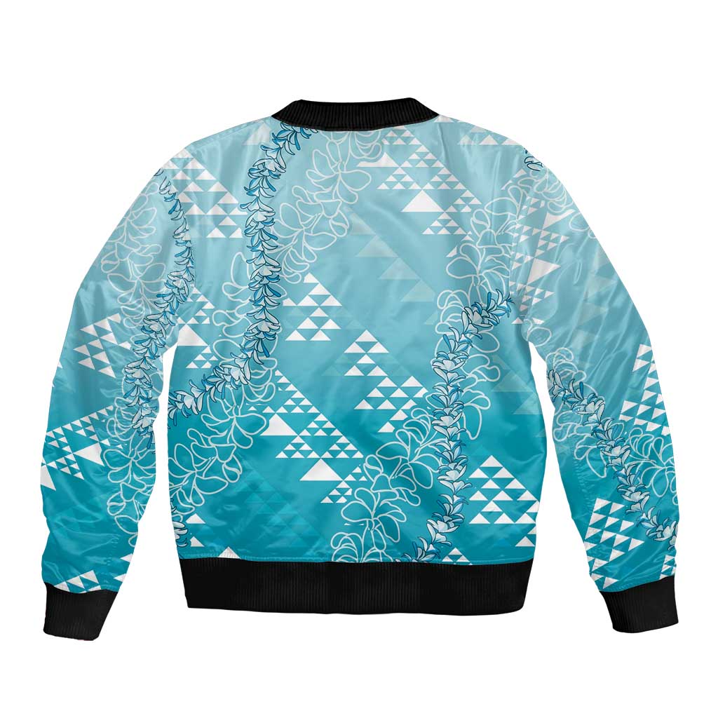 Hawaii Turquoise Kapa Bomber Jacket Vintage 'Ohe Kāpala Motifs Mix Plumeria Leis