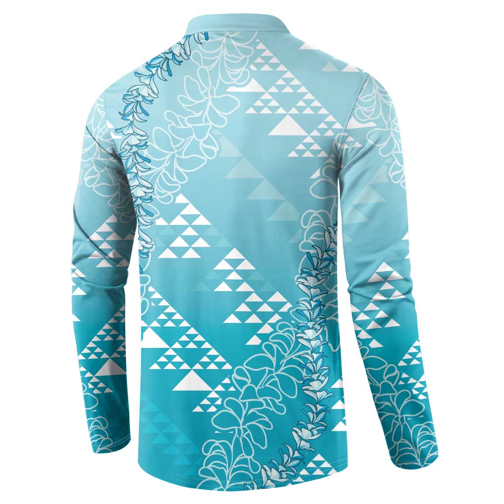Hawaii Turquoise Kapa Button Sweatshirt Vintage 'Ohe Kāpala Motifs Mix Plumeria Leis