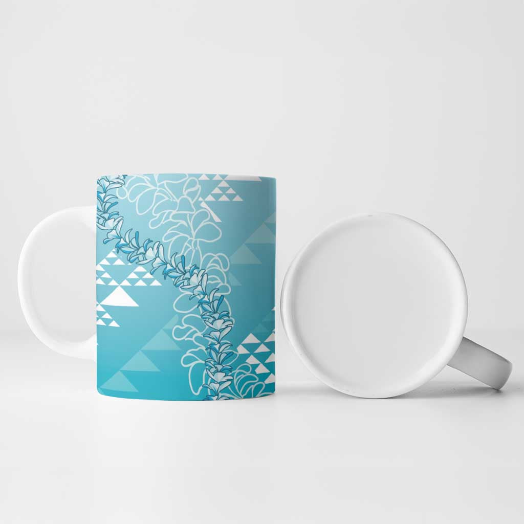 Hawaii Turquoise Kapa Ceramic Mug Vintage 'Ohe Kāpala Motifs Mix Plumeria Leis