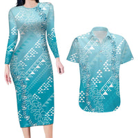 Hawaii Turquoise Kapa Couples Matching Long Sleeve Bodycon Dress and Hawaiian Shirt Vintage 'Ohe Kāpala Motifs Mix Plumeria Leis LT7 Turquoise - Polynesian Pride