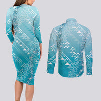 Hawaii Turquoise Kapa Couples Matching Long Sleeve Bodycon Dress and Long Sleeve Button Shirt Vintage 'Ohe Kāpala Motifs Mix Plumeria Leis LT7 - Polynesian Pride