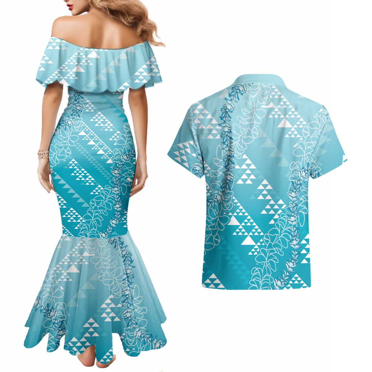 Hawaii Turquoise Kapa Couples Matching Mermaid Dress and Hawaiian Shirt Vintage 'Ohe Kāpala Motifs Mix Plumeria Leis LT7 - Polynesian Pride