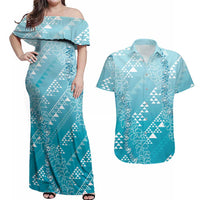 Hawaii Turquoise Kapa Couples Matching Off Shoulder Maxi Dress and Hawaiian Shirt Vintage 'Ohe Kāpala Motifs Mix Plumeria Leis LT7 Turquoise - Polynesian Pride