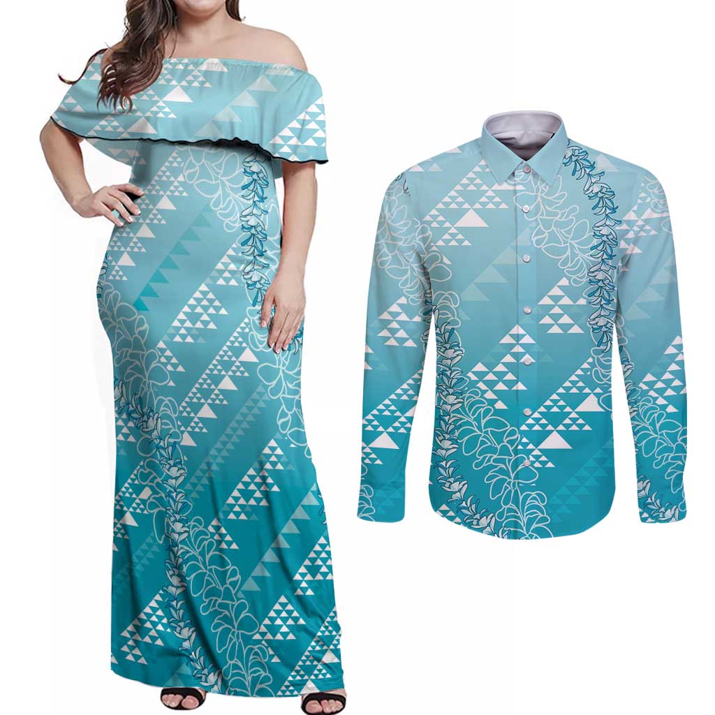 Hawaii Turquoise Kapa Couples Matching Off Shoulder Maxi Dress and Long Sleeve Button Shirt Vintage 'Ohe Kāpala Motifs Mix Plumeria Leis LT7 Turquoise - Polynesian Pride