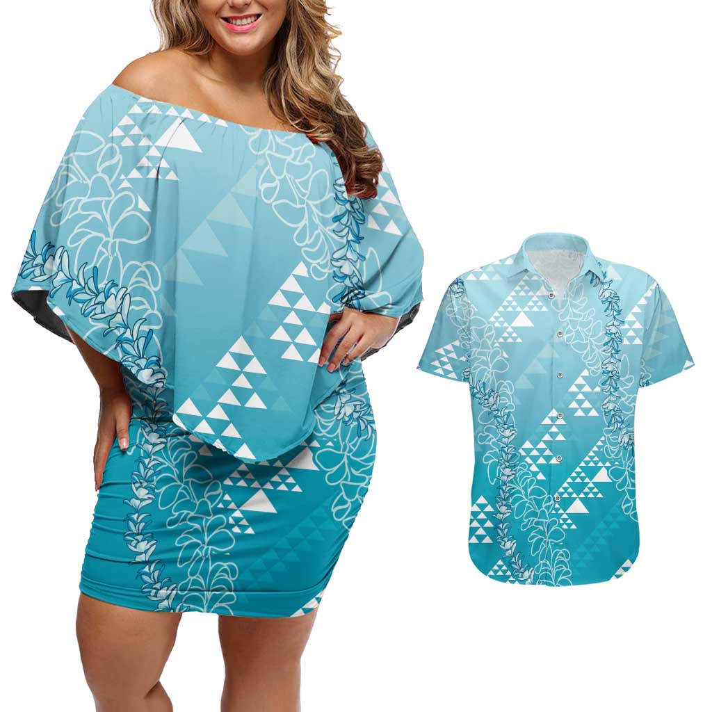 Hawaii Turquoise Kapa Couples Matching Off Shoulder Short Dress and Hawaiian Shirt Vintage 'Ohe Kāpala Motifs Mix Plumeria Leis LT7 Turquoise - Polynesian Pride