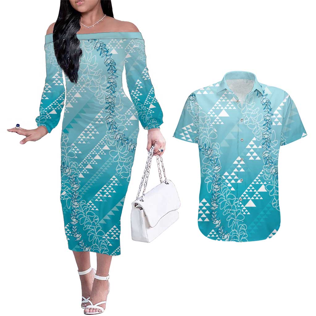 Hawaii Turquoise Kapa Couples Matching Off The Shoulder Long Sleeve Dress and Hawaiian Shirt Vintage 'Ohe Kāpala Motifs Mix Plumeria Leis LT7 Turquoise - Polynesian Pride