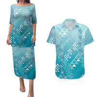 Hawaii Turquoise Kapa Couples Matching Puletasi and Hawaiian Shirt Vintage 'Ohe Kāpala Motifs Mix Plumeria Leis LT7 Turquoise - Polynesian Pride