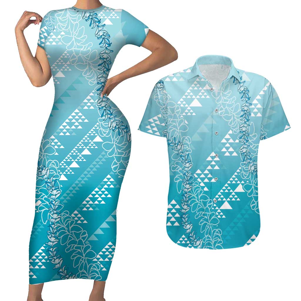 Hawaii Turquoise Kapa Couples Matching Short Sleeve Bodycon Dress and Hawaiian Shirt Vintage 'Ohe Kāpala Motifs Mix Plumeria Leis LT7 Turquoise - Polynesian Pride